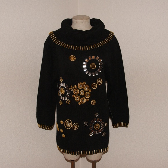 VINTAGE Black Beaded Cowl Neck Tunic Sweater sz S - Picture 7 of 8